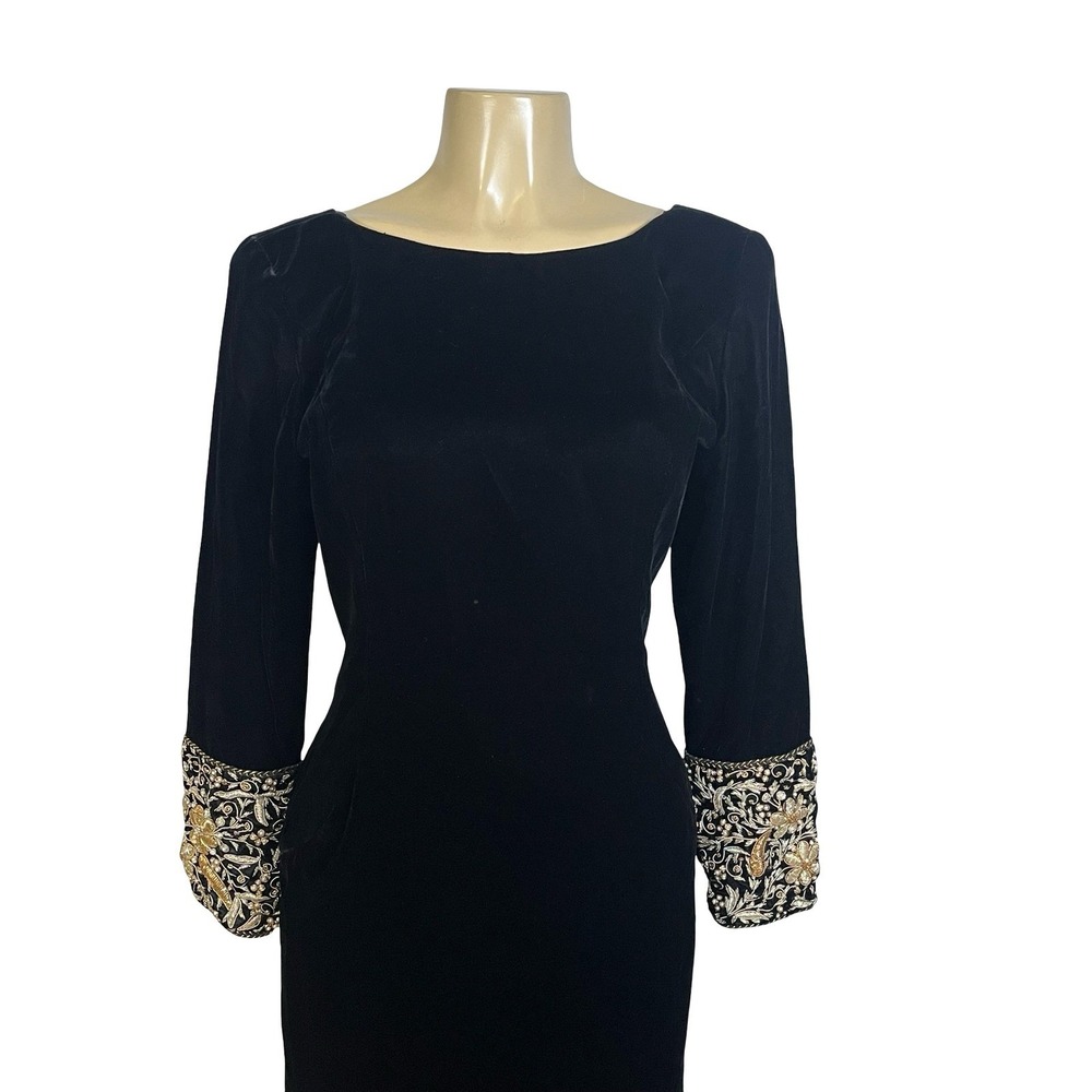 Victor Costa Vintage Black Velvet Embroidered Cuff Maxi Dress V-Back Gown S/M l